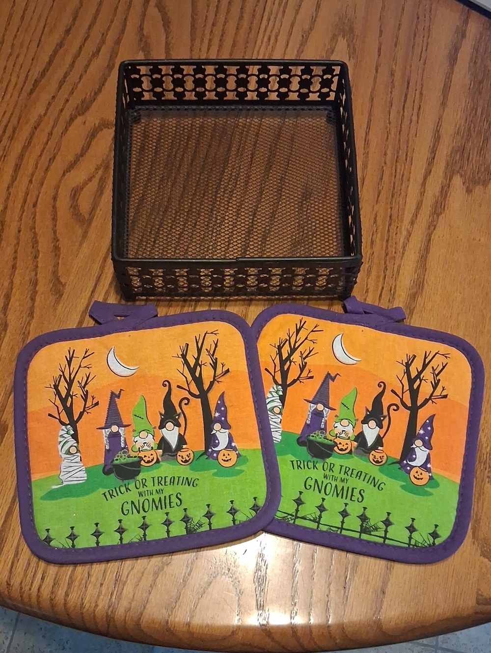 Metal Napkin Holder w/2 Halloween Gnomes Printed Pot Holders